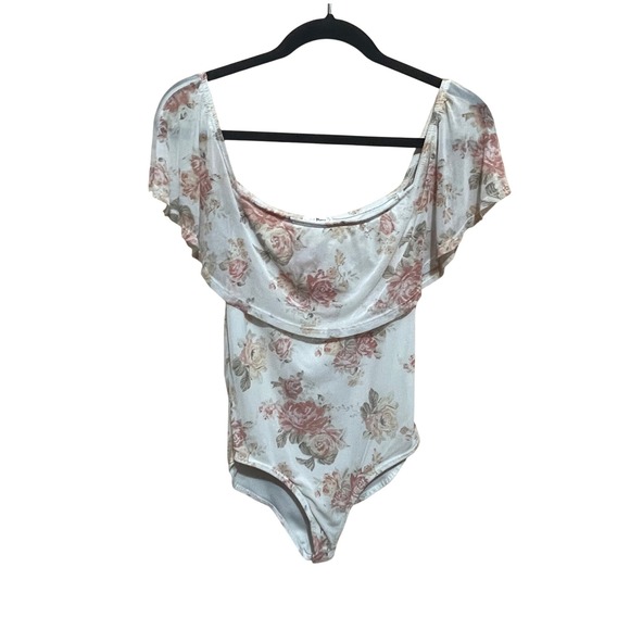 Violet Moon Floral Off Shoulder Ruffle Trim Bodysuit Top M-Cottagecore Romantic - Picture 2 of 11
